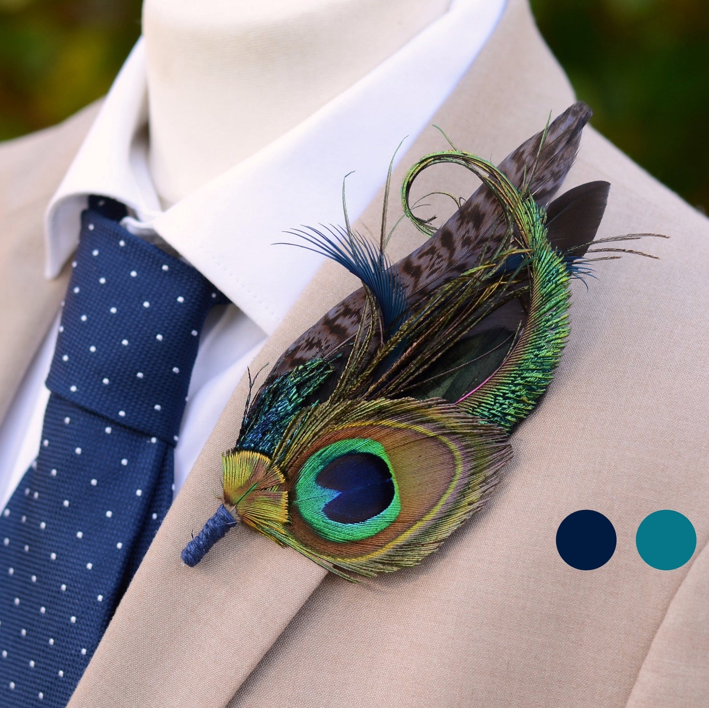 Large Peacock Feather Grooms Boutonniere / Hat Pin No.007 in Teal or Navy Blue