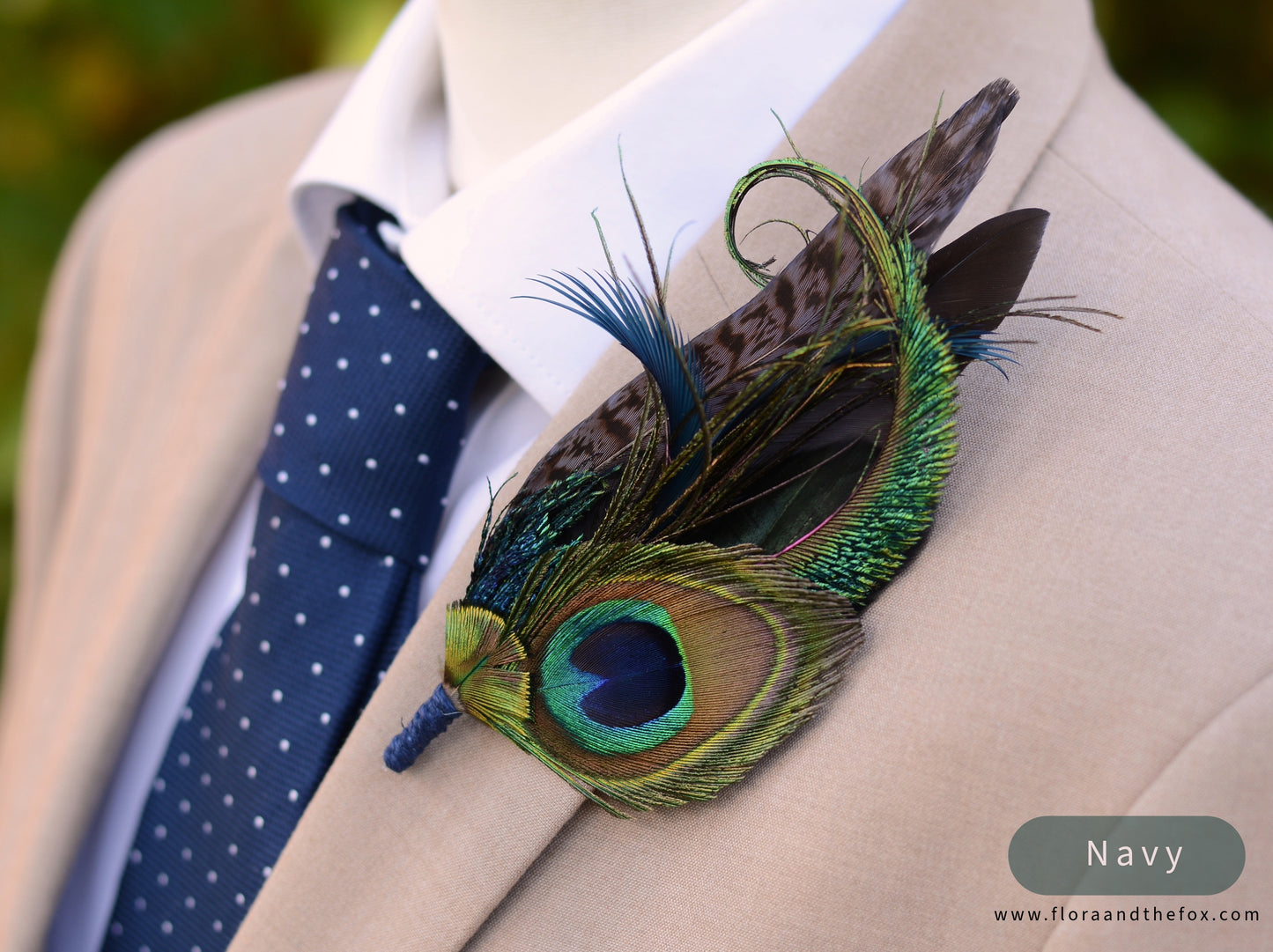 Large Peacock Feather Grooms Boutonniere / Hat Pin No.007 in Teal or Navy Blue