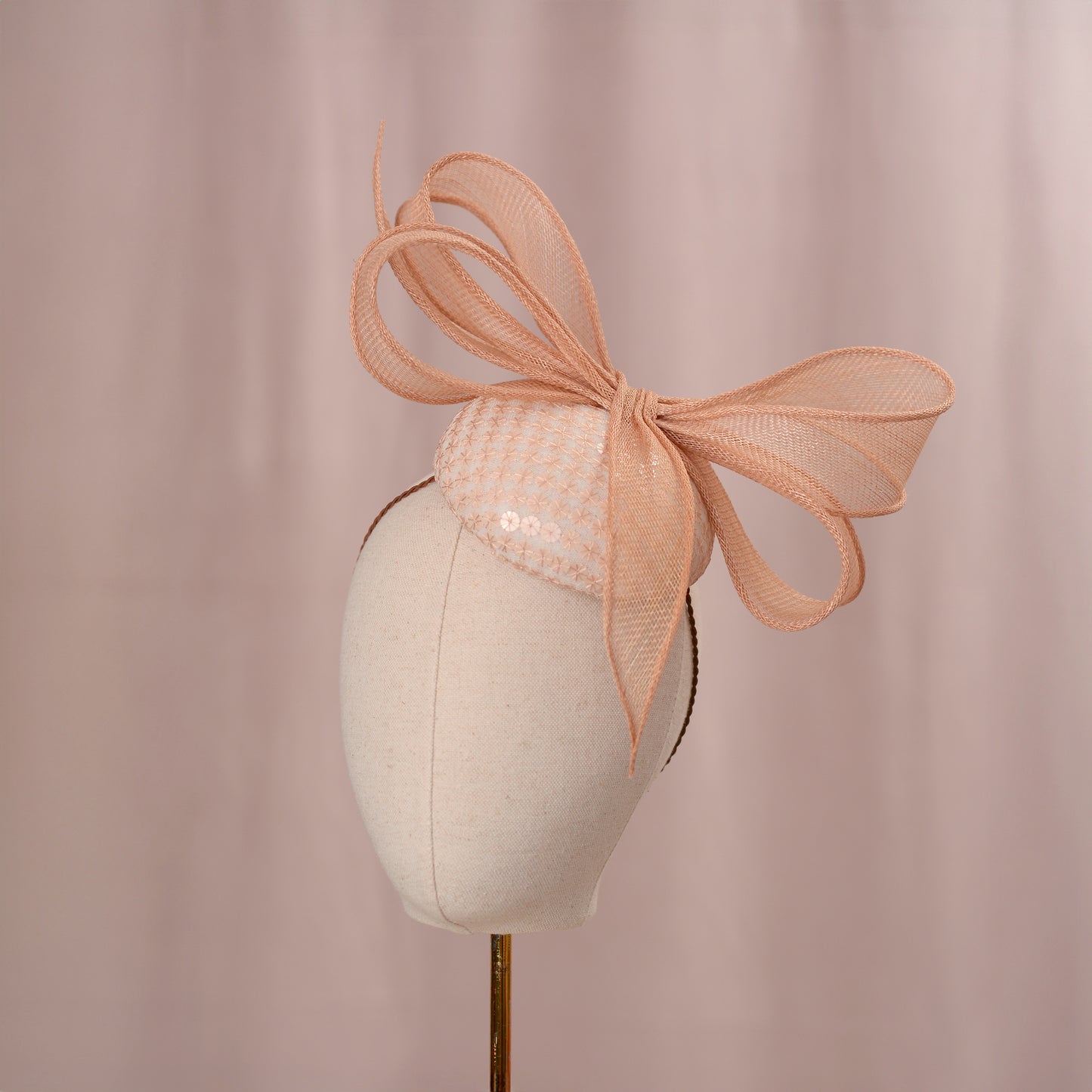 Nude Pink Sequin Button Fascinator with Giant Bow