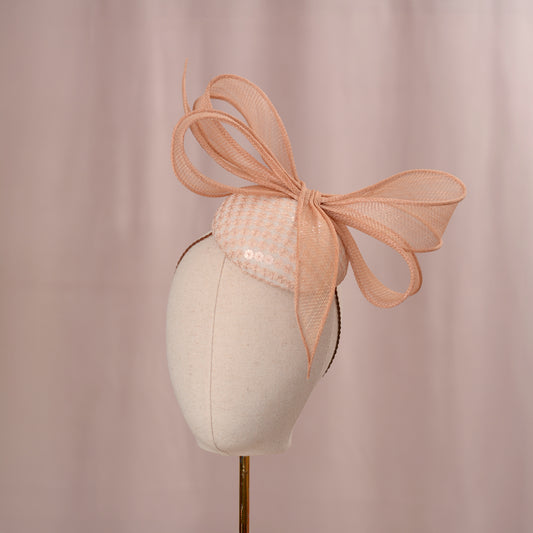 Nude Pink Sequin Button Fascinator with Giant Bow