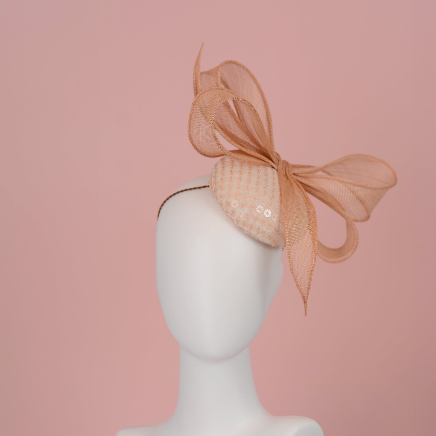 Nude Pink Sequin Button Fascinator with Giant Bow