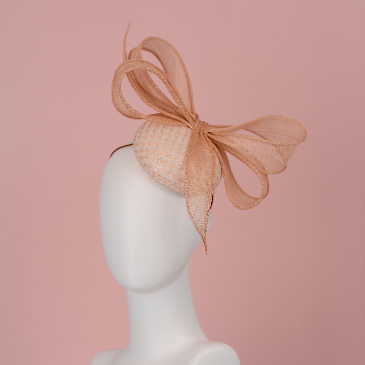 Nude Pink Sequin Button Fascinator with Giant Bow