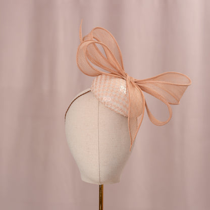 Nude Pink Sequin Button Fascinator with Giant Bow