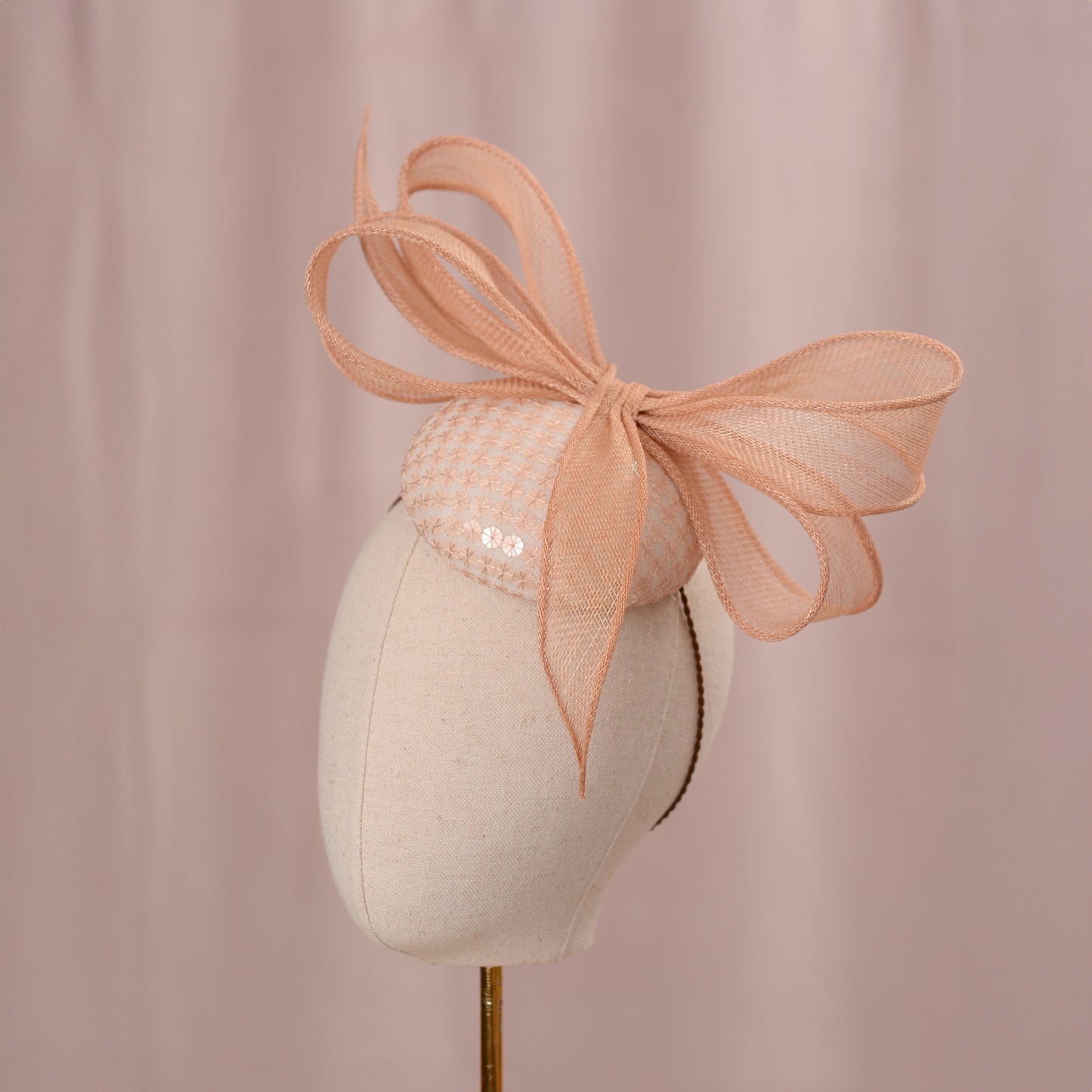 Nude Pink Sequin Button Fascinator with Giant Bow