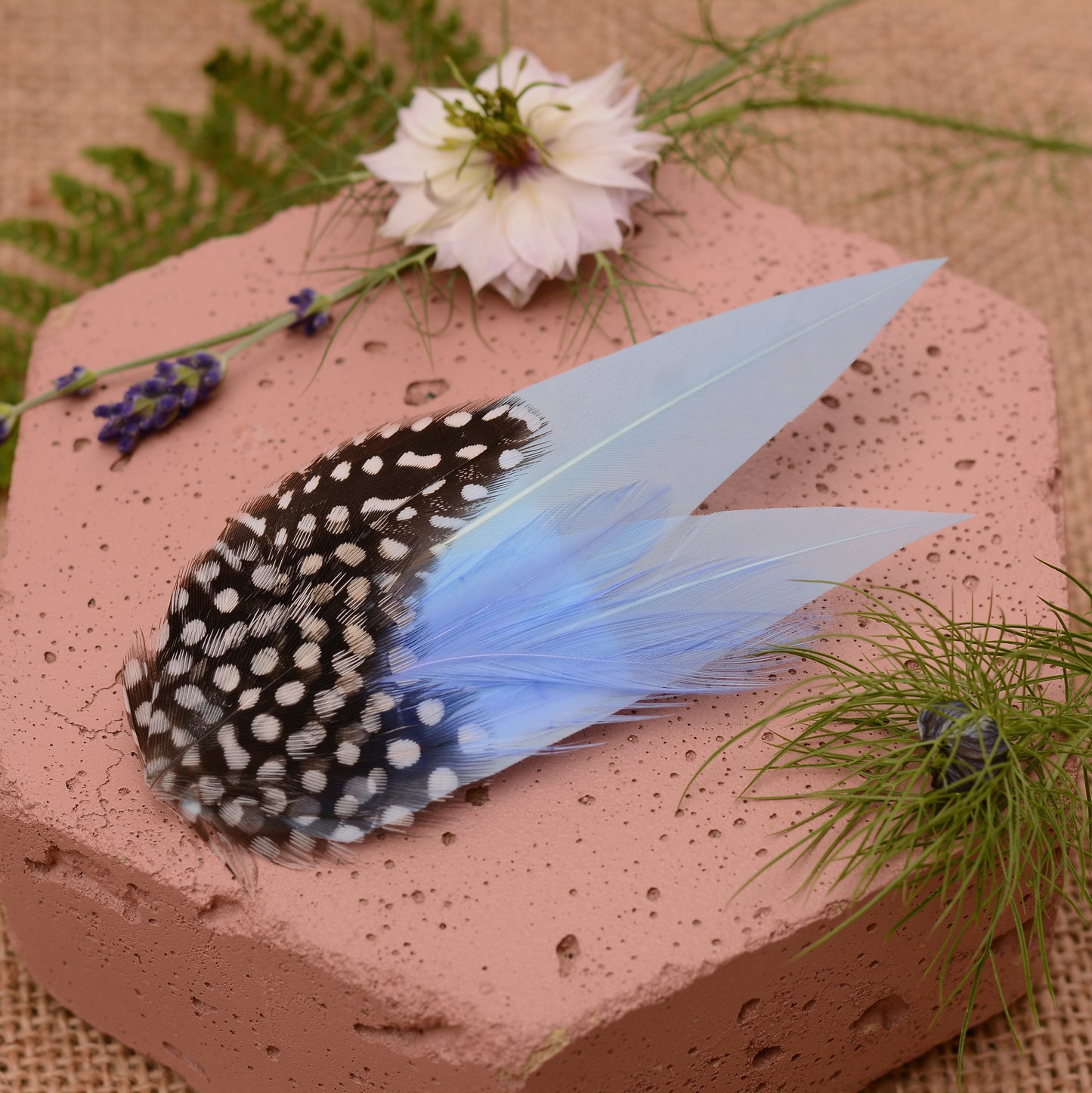 Blue feathered hair clip on a pink surface with flowers and greenery.