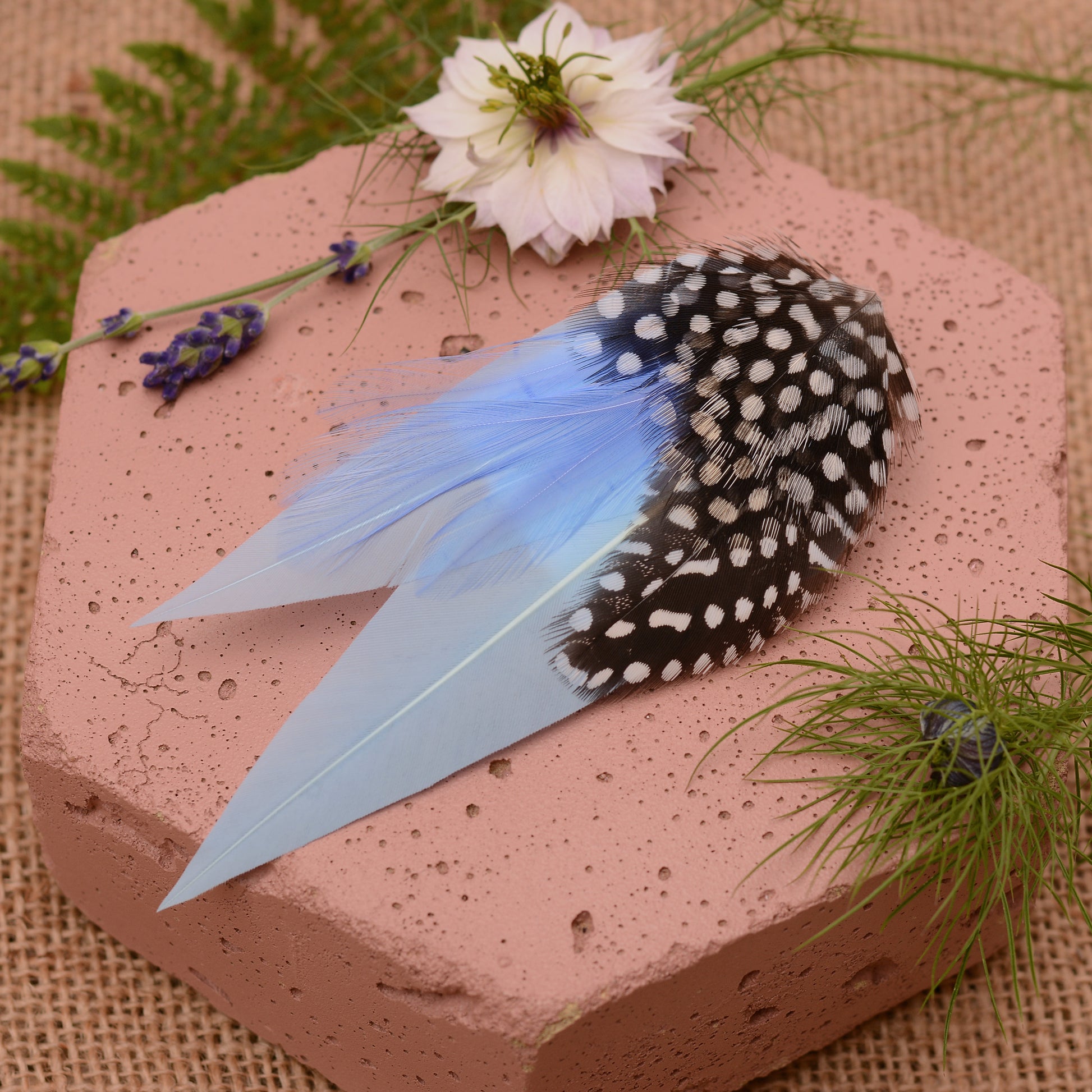 Blue feathered hair clip on a pink surface with flowers and greenery.
