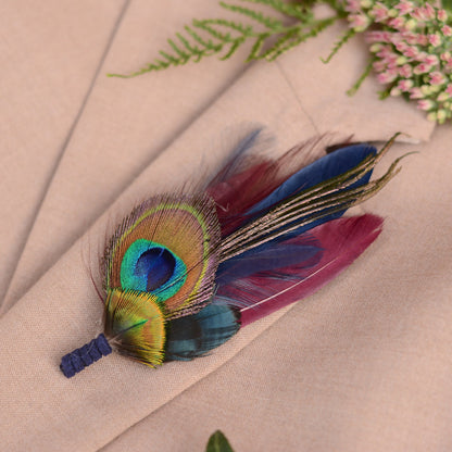 Peacock Eye Feather Boutonniere in Navy and Burgundy No.109