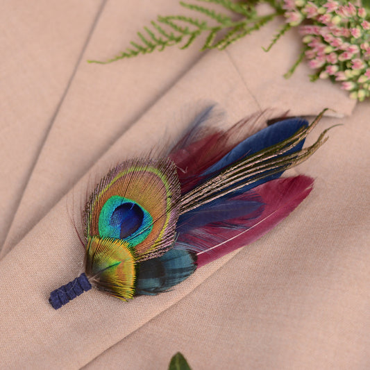 Peacock Eye Feather Boutonniere in Navy and Burgundy No.109