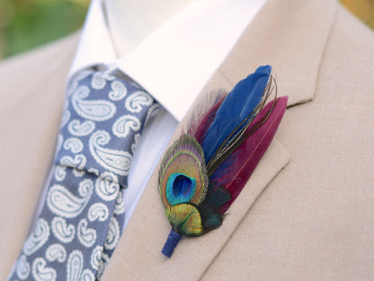 Peacock Eye Feather Boutonniere in Navy and Burgundy No.109