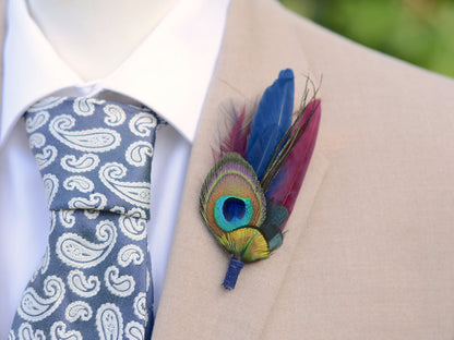 Peacock Eye Feather Boutonniere in Navy and Burgundy No.109