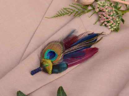 Peacock Eye Feather Boutonniere in Navy and Burgundy No.109