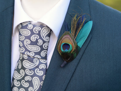 Peacock Feather Buttonhole in Peacock Blue and Navy No.086