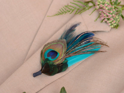 Peacock Feather Buttonhole in Peacock Blue and Navy No.086