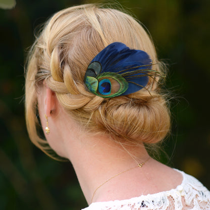 Navy Blue and Peacock Feather Hair Clip No.40