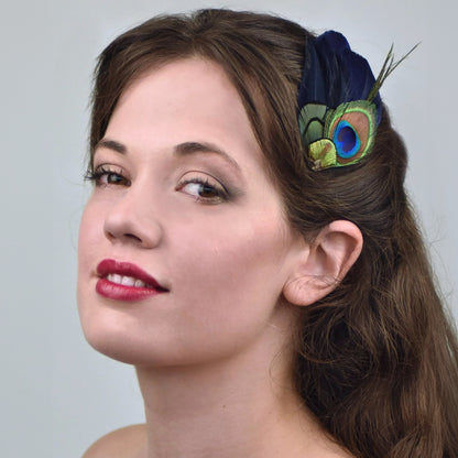 Navy Blue and Peacock Feather Hair Clip No.40
