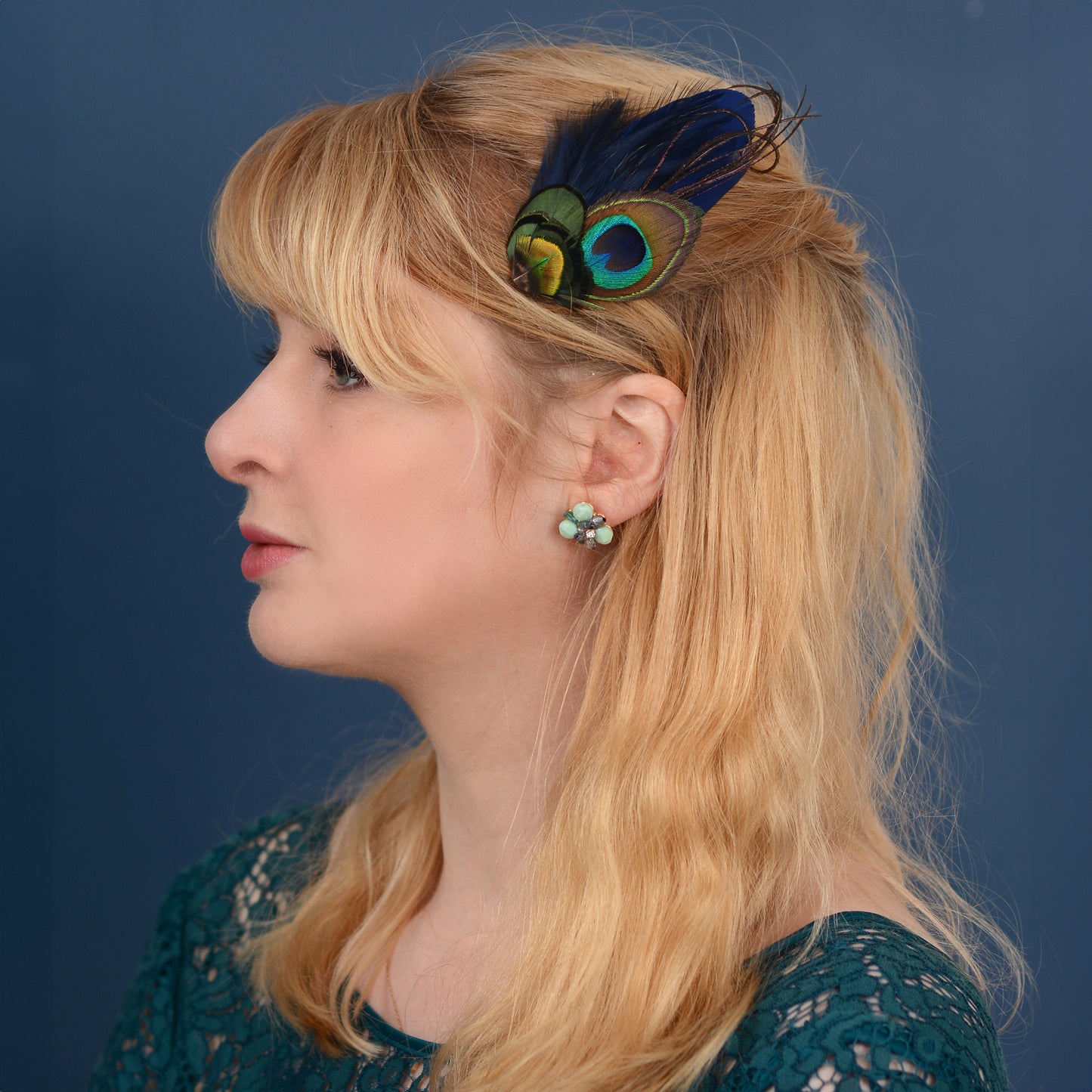 Navy Blue Peacock Feather Hair Clip