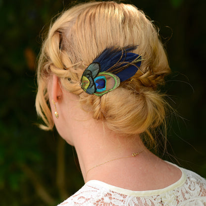 Navy Blue Peacock Feather Hair Clip