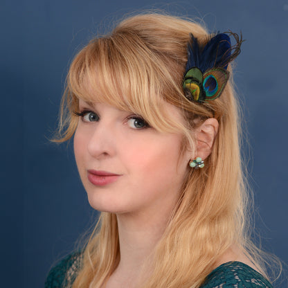 Navy Blue Peacock Feather Hair Clip