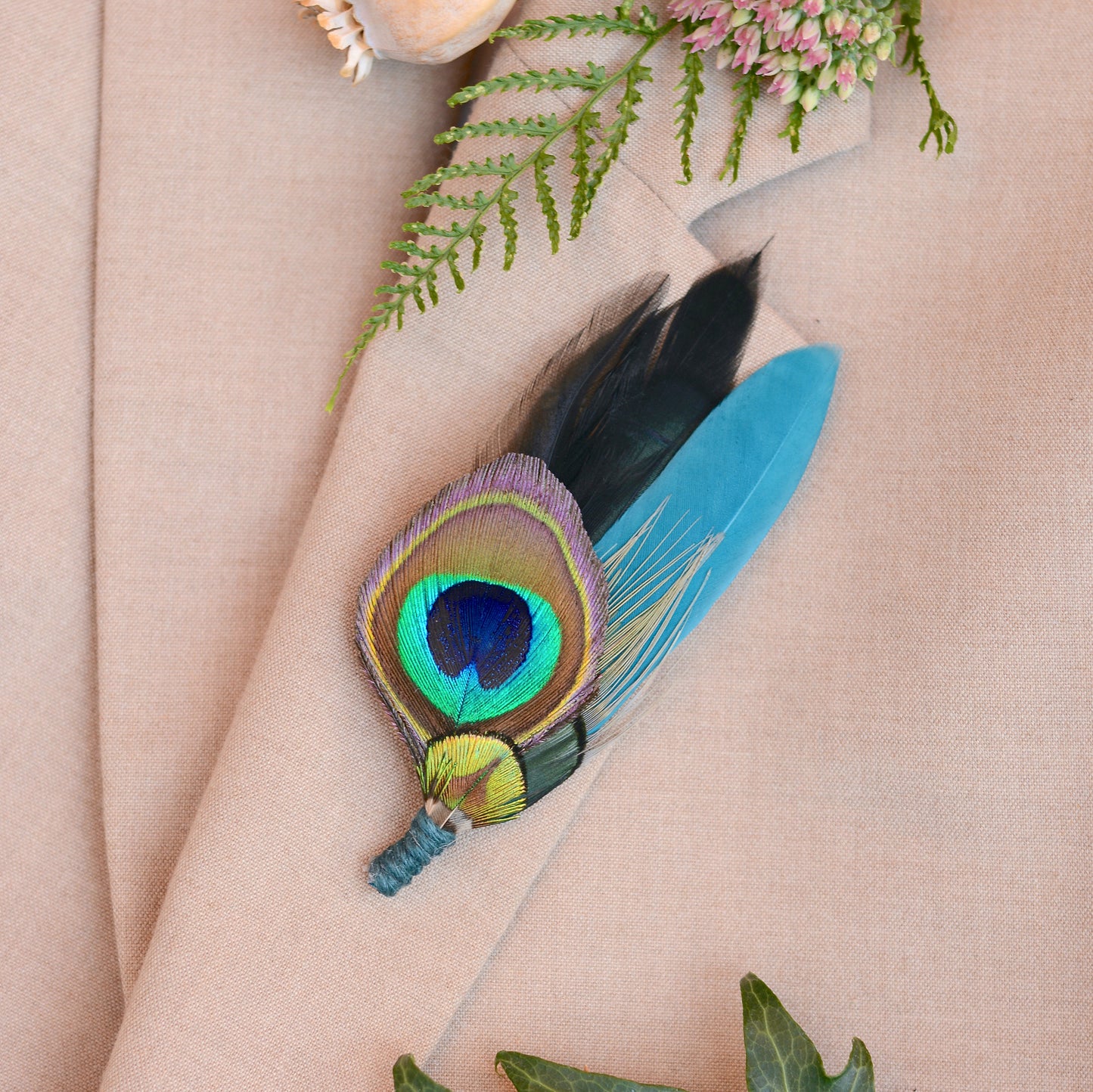 Peacock Feather Boutonniere in Teal and Black