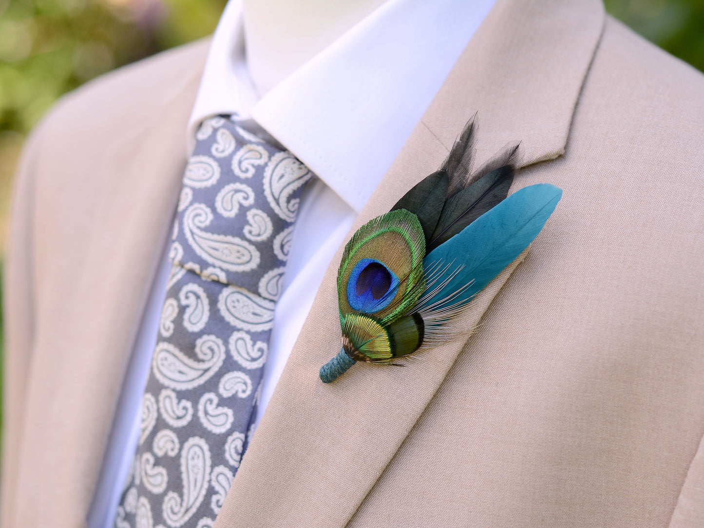 Peacock Feather Boutonniere in Teal and Black