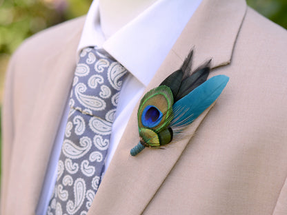 Peacock Feather Boutonniere in Teal and Black