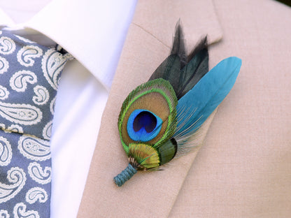 Peacock Feather Boutonniere in Teal and Black
