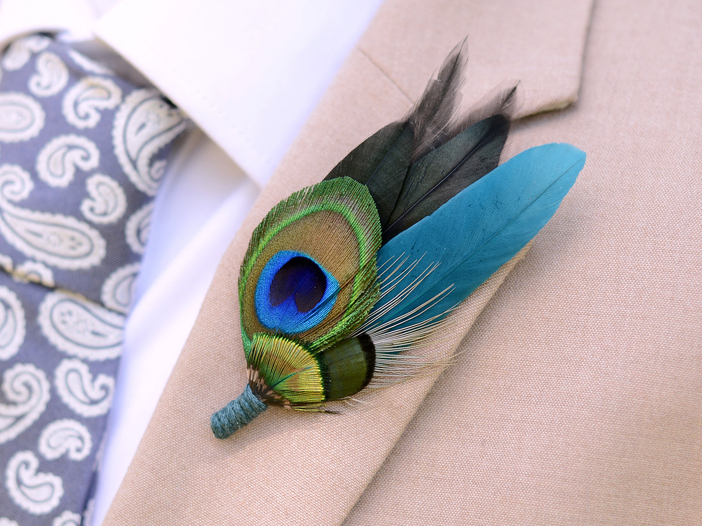 Peacock Feather Boutonniere in Teal and Black