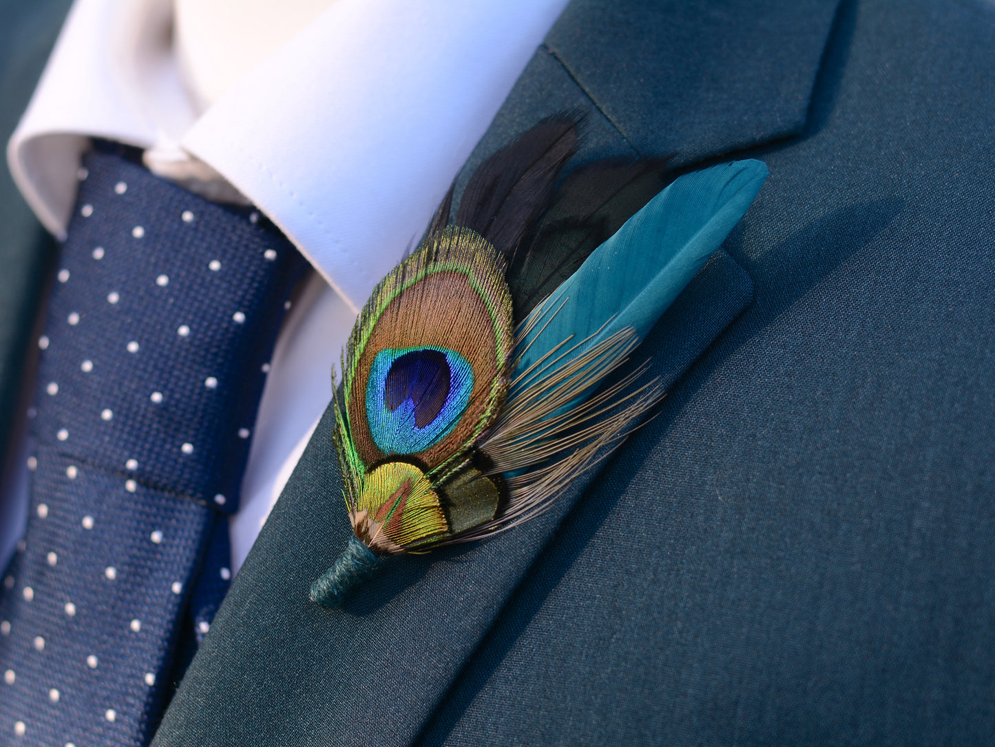 Peacock Feather Boutonniere in Teal and Black