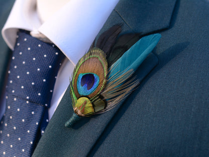 Peacock Feather Boutonniere in Teal and Black