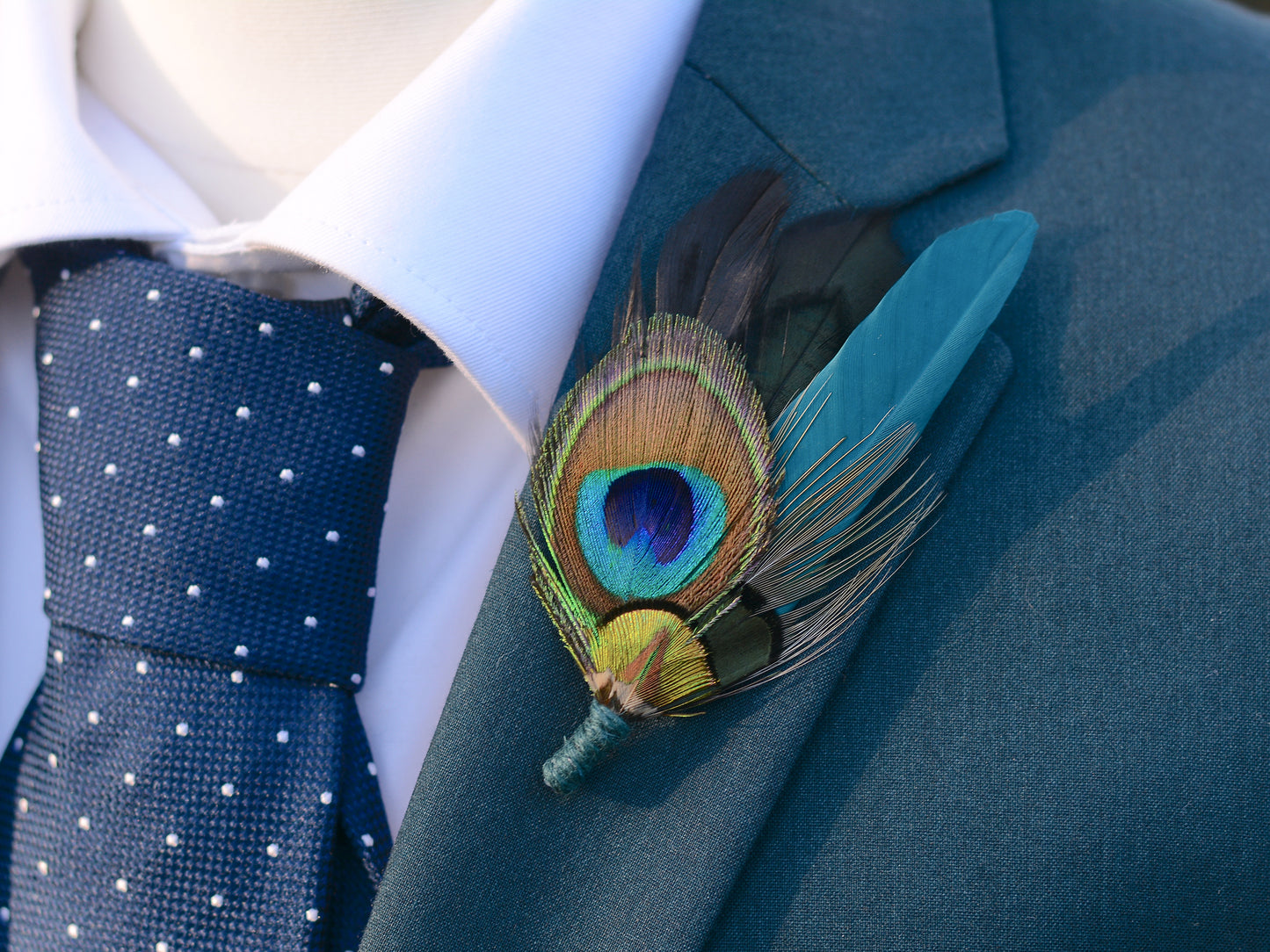 Peacock Feather Boutonniere in Teal and Black