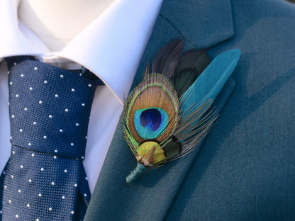 Peacock Feather Boutonniere in Teal and Black