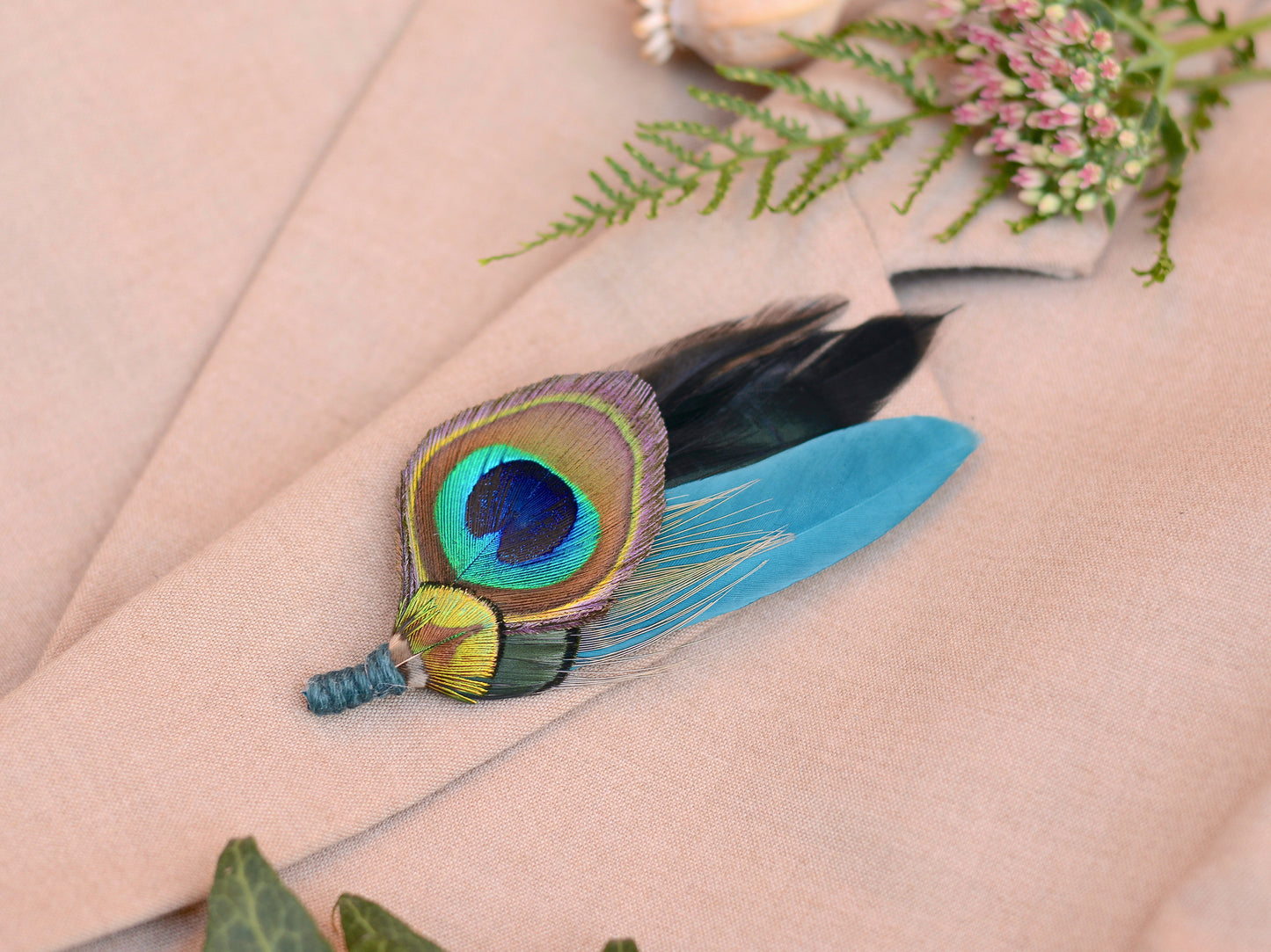 Peacock Feather Boutonniere in Teal and Black
