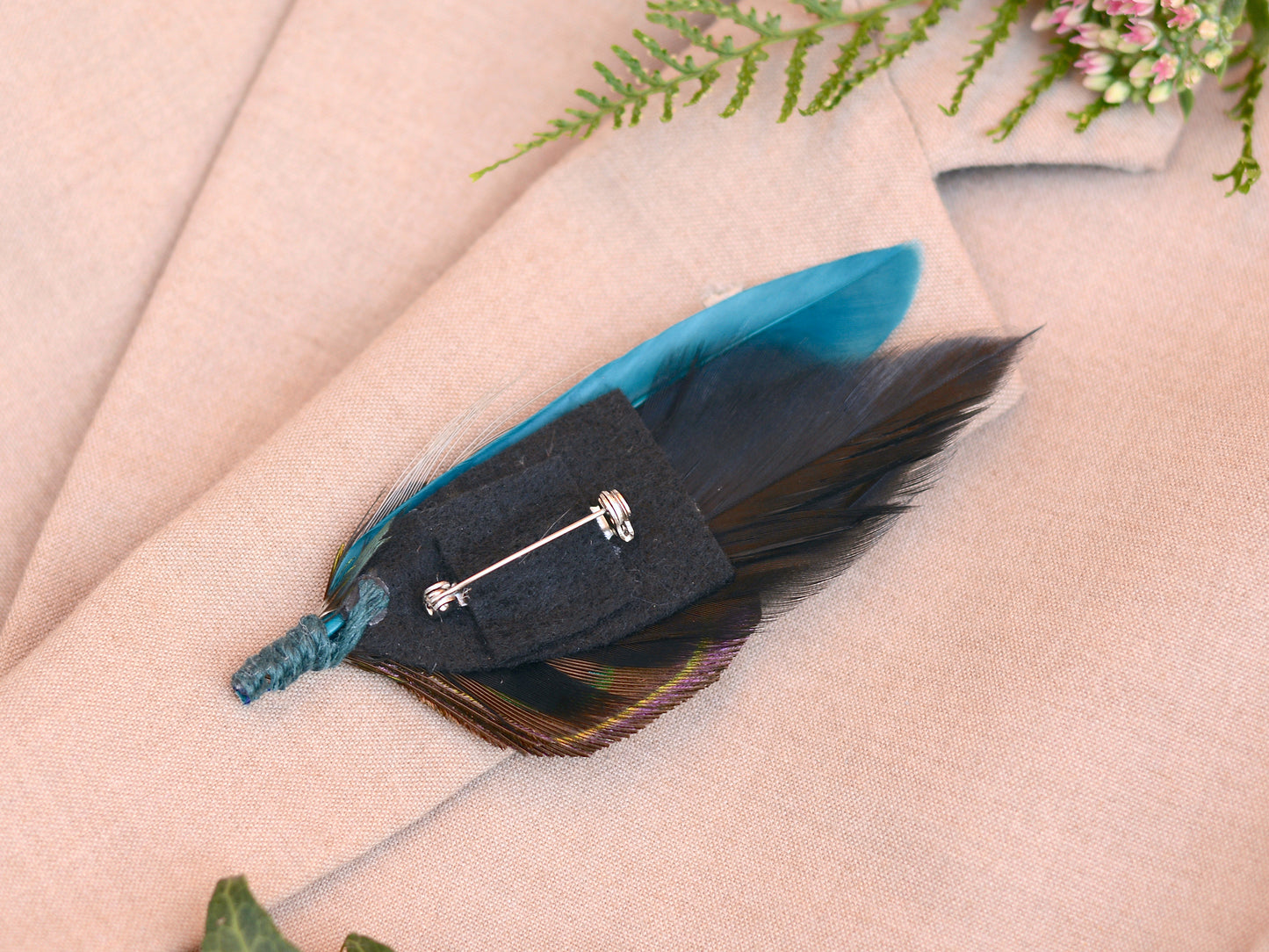 Peacock Feather Boutonniere in Teal and Black