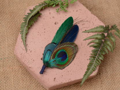 Green and Navy Peacock Feather Boutonniere No.093