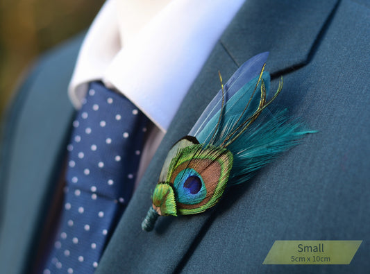 Peacock feather boutonniere on a suit lapel with a blurred background