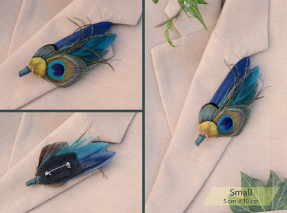 Peacock feather brooch on a beige fabric background with close-up details.