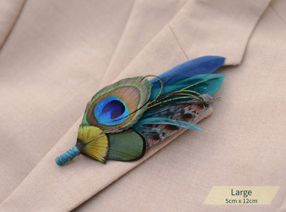 Peacock feather brooch on a beige suit jacket with size label