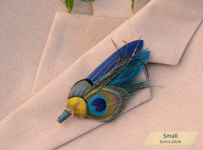 Peacock feather boutonniere on a beige suit lapel with size label