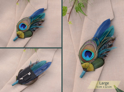 Peacock feather brooch on a beige fabric background