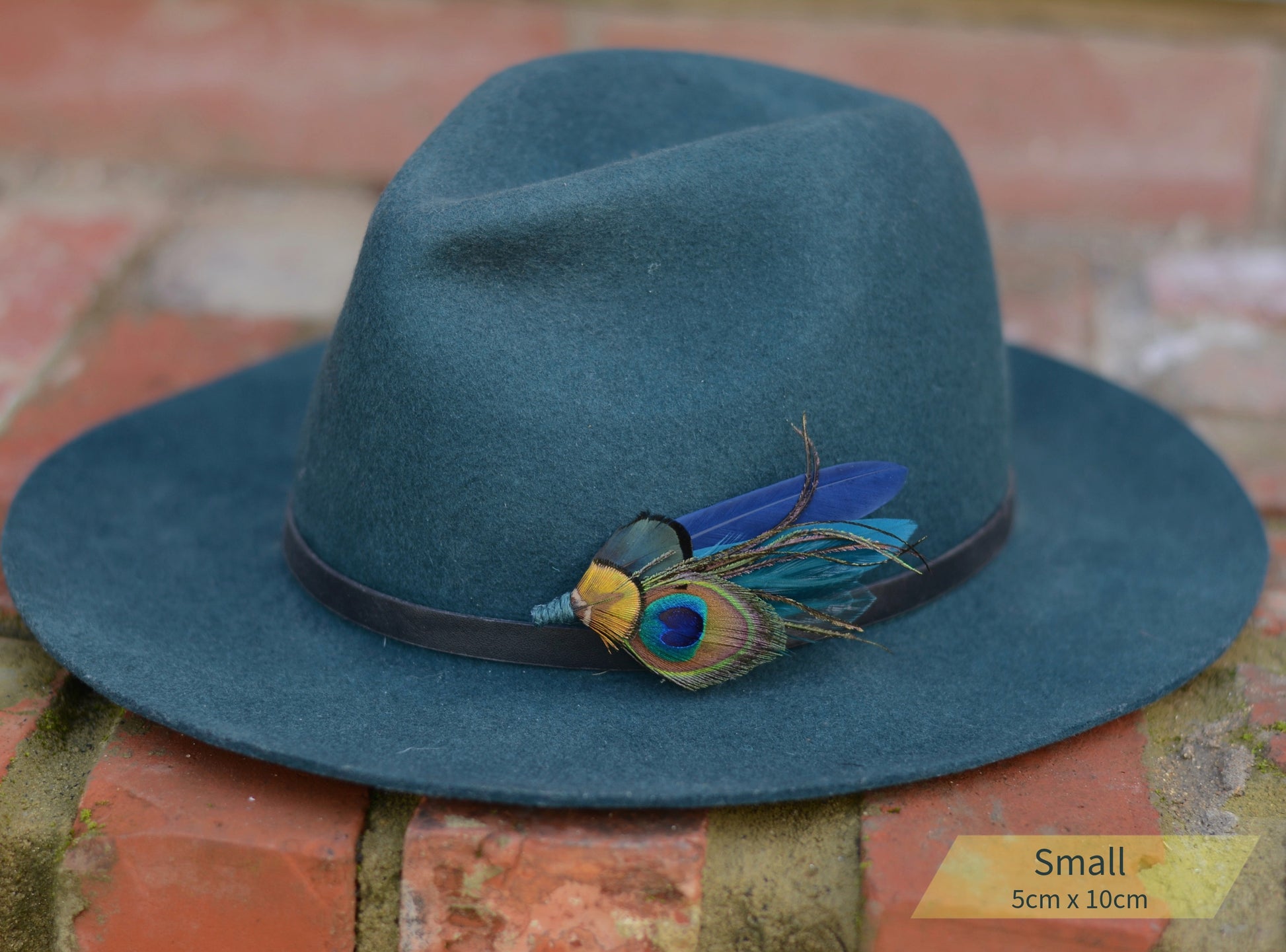 Teal fedora hat with peacock feather hat pin on a brick surface