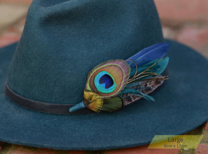 Blue felt hat with peacock feather brooch and a black band on a blurred background