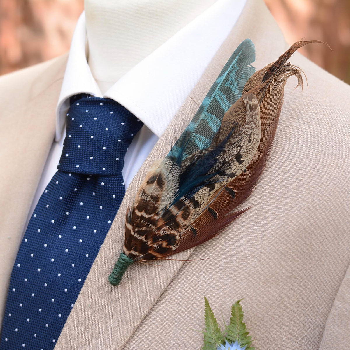 Feather Boutonniere  Brooch Hat Pin in Natural Pheasant and Green No.302