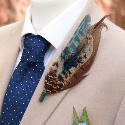 Feather Boutonniere  Brooch Hat Pin in Natural Pheasant and Green No.302