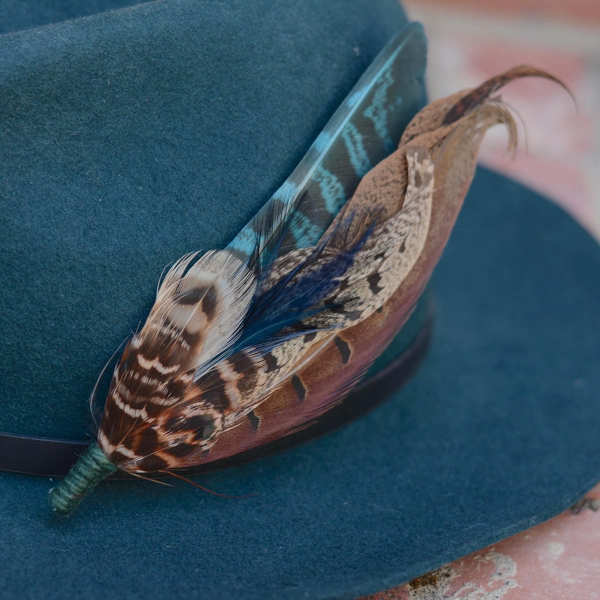 A dark teal felt hat with a wide brim, decorated with a large brown and black patterned pheasant feather hat pin with a teal green patterned feather on a pinkish surface.