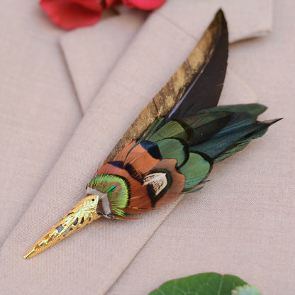 Black and Gold Pheasant Feather Brooch Hat Pin No.329