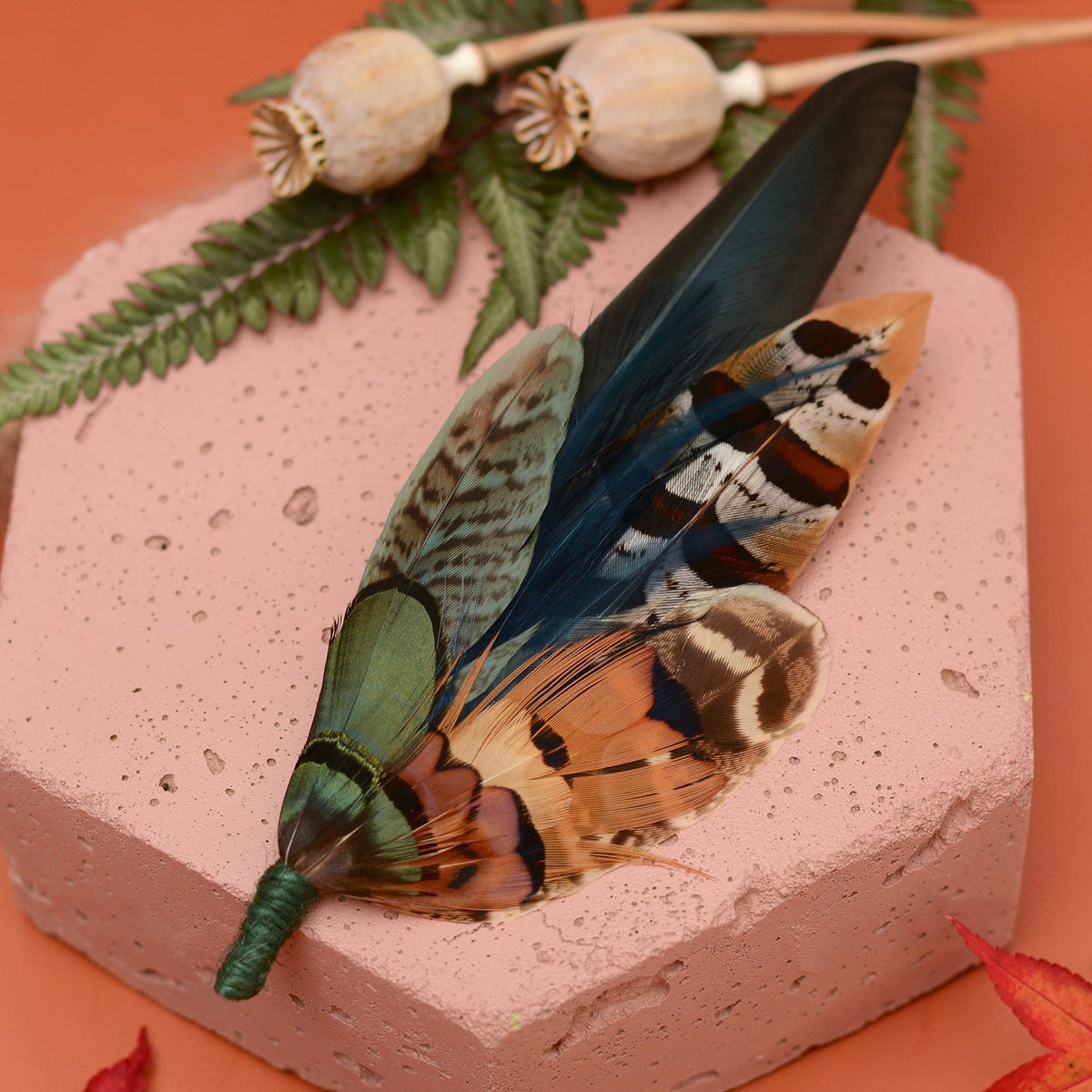 Pheasant Feather Hat Pin Brooch in Green and Copper No.301