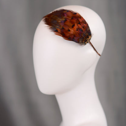 A feather hair accessory featuring real natural pheasant feathers in glowing amber and copper. Mounted on a headband covered in brown ribbon. ideal accessory for autumn / fall weddings and countryside events