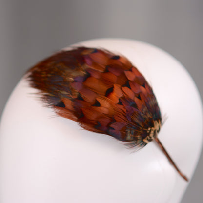 A feather hair accessory featuring real natural pheasant feathers in glowing amber and copper. Close up showing the detail of the light reflecting feathers. Mounted on a headband covered in brown ribbon. ideal accessory for autumn / fall weddings and countryside events