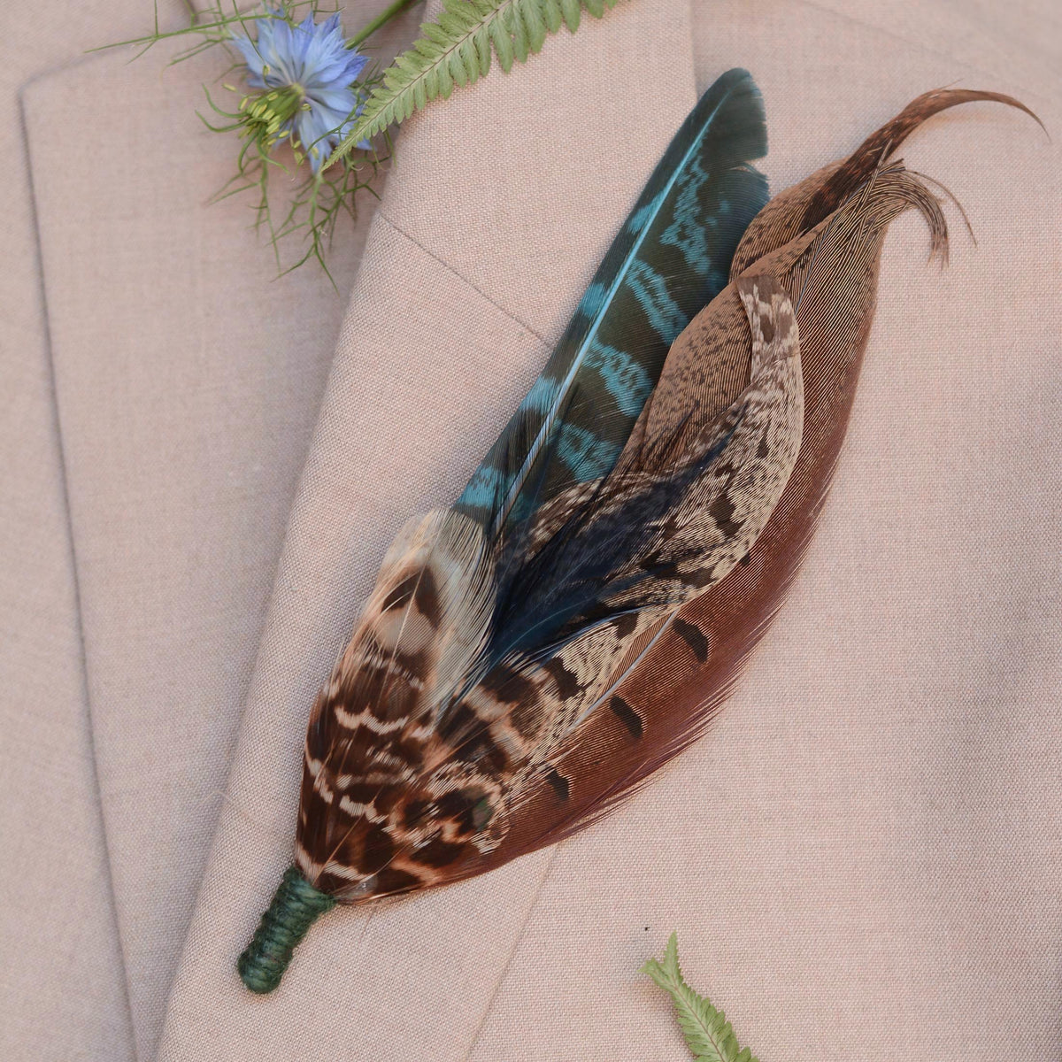 Feather Boutonniere  Brooch Hat Pin in Natural Pheasant and Green No.302