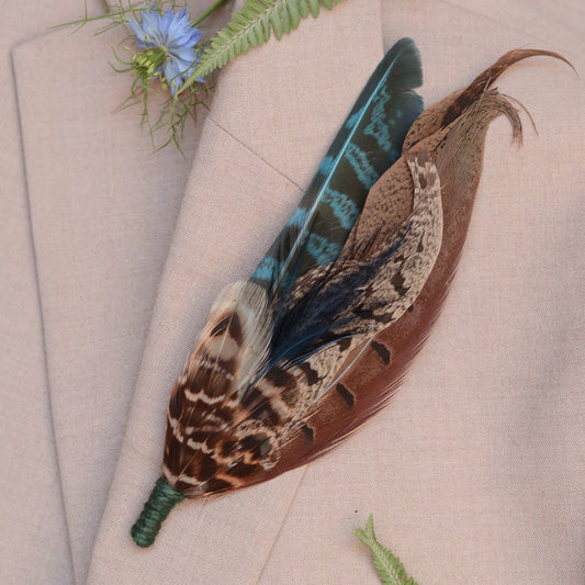 Feather Boutonniere  Brooch Hat Pin in Natural Pheasant and Green No.302